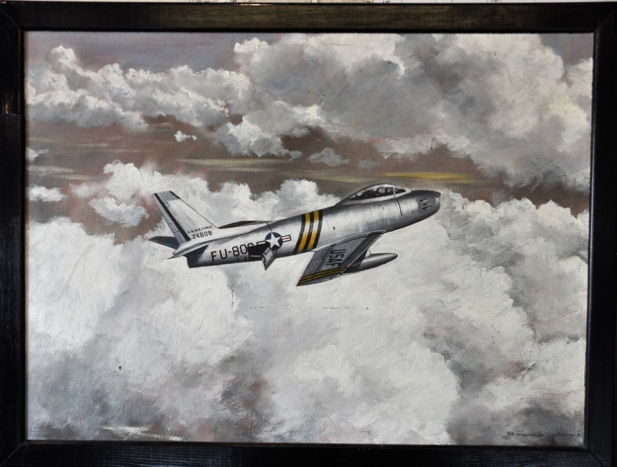 Oil on canvas of F-86 Sabre jet unknown artist Framed 72 x 55cm