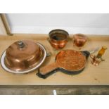Copper bellows, domed warming plate and miniature lamp etc