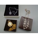 Silver 925 stamped diamante 'B' pendant on chain, pocket watch and another white metal necklace