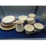 Burslem vintage handpainted part tea service to incl sandwich plate, 6 side plates, 6 cups, 6