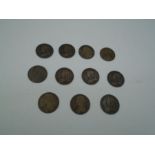 Eleven Victorian 1 penny pieces - 1861 - Very worn, 1877 - very worn, 1880 - very worn, 1893 -