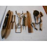 interesting tools lot to include a metal grabber, vintage bobbin, extending rule, mawson and son