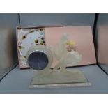 Boxed Leonardo china floral clock and a Juliana ballerina mantel clock 25cm x 22cm tall