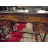 Antique oak kneehole desk with red leather inlay H 30" W 42" D 22"