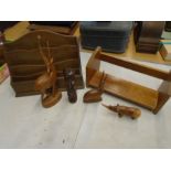 Bookstand, letter rack and treen figures