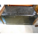 A large pine carpenters chest with internal compartment trays metal handles, painted black with