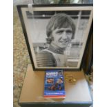 Speedway's Malcolm Simmons "Simmo" collection with framed photo, book and pin badges