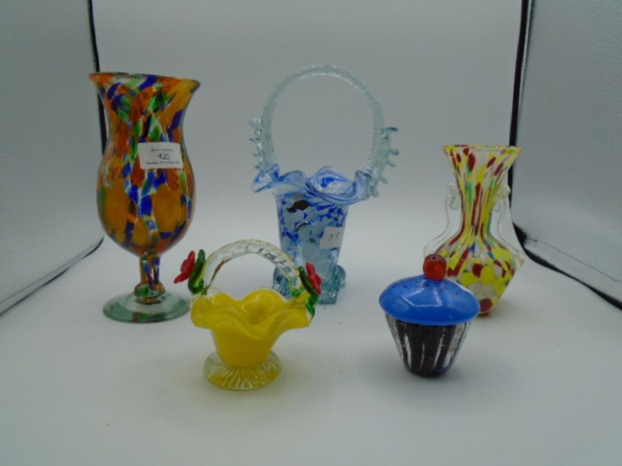 Two Murano style glass vases/glass, 20cm tall and 15cm tall, two glass baskets - 22cm tall and - Image 2 of 2