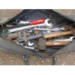 Tool bag with tools including stilsons wrench, mallets, spanners etc