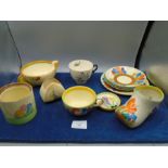 Biyanne by Clarice Cliff assorted pieces of china incl clog, cups, saucers, plates, trinket boxes