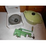 Vintage enamel mincer, cast casserole dish and granite pestel and mortar