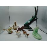 Mixed lot of china animals etc to include an Empire horse head, treacle glazed lion, various farm