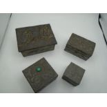 4 X Arts and Crafts hand made wooden boxes, covered in a hammered metal. two with coloured stones
