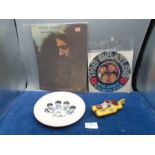 The Beatles memorabilia collection to include plate, Corgi toy yellow submarine, The Beatles song