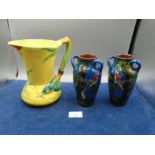 Burleigh ware Kingfisher jug plus 2 pottery vases with parrot design