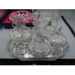 Edwardian jug, glass and bowl, a boxed lead crystal bowl and a glass vintage dressing table set