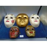 Quantity of wall masks - 3 ceramic and 2 brass and enamel