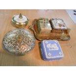 A collection of trinket pots/boxes, one brass with mother of pearl detail, a decorative brass lidded