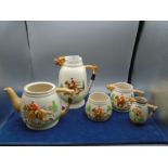 Keele Street pottery hunting themed teapot (no lid), milk jug and sugar bowl plus 2 other hunting