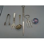 5 silver plated cutlery pieces and a millefiori paperweight