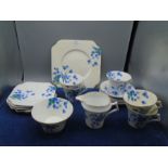 Colclough china part tea service in art deco blue flowers pattern 4117 to incl serving plate, 6