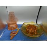 Vintage art deco pressed glass ware to include amber glass bowl, frosted nelson ship frog centre