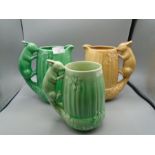 Sylvac novelty water jugs 1959 with squirrel handles in brown and green approx 22cm, plus Sylvac