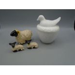 A pottery ewe with 2 lambs and an avon milk glass mini egg crock