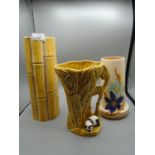 Sylvac glazed pottery bamboo vase 5373, approx 31 cm tall a/f plus Sylvac glazed bamboo vase with