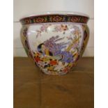 Chinese fish bowl vase/ planter with koi decor inside and peacock and blossom design on the outside