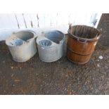 2 galvanised mop buckets and wooden bucket