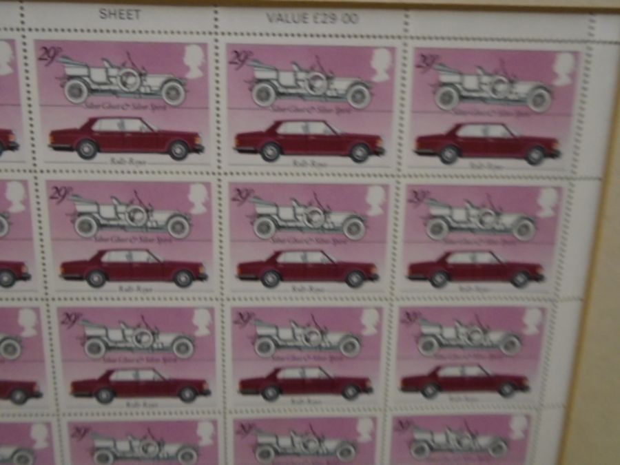 A framed sheet of Rolls Royce stamps, value 29p each (no glass) a vintage ship painting and - Image 2 of 6