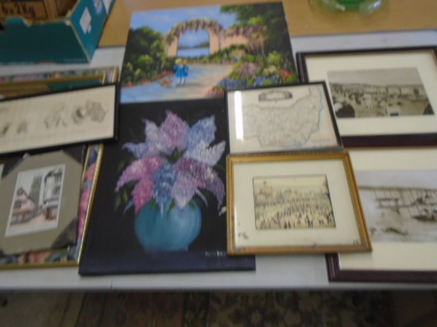 Collection of picture- a framed Suffolk map and Felixtowe beach photo's and a mirror