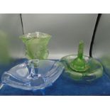 Brockwitz? art deco green glass parakeet vase with glass frog, Davidson green glass float bowl