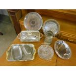 Silver plated table ware to include various serving dishes, butter dish, trays, candlesticks etc