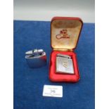 Colibri pocket/table lighter with Esso long service badge on front with name inscribed in original