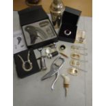 Barware, a ceramic horse bottle stopper, new and boxed corkscrews, wine bottle collars, decanter