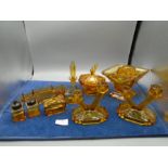Art Deco period Amber Glass dressing table set (lid broken on pot) plus art deco condiment set