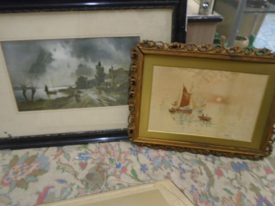 A framed sheet of Rolls Royce stamps, value 29p each (no glass) a vintage ship painting and - Image 3 of 6