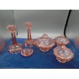 Art Deco period Pink Glass dressing table sets x2