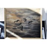 Burridge G, oil on canvas of Pinkfoot geese landing on marsh 64cm x 55cm