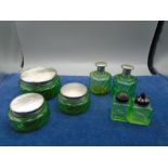 Art Deco period Green Glass dressing table set plus salt and pepper set