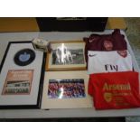 Arsenal Football Club Memorabilia including frames prints, Oxford die cast bus, 'Good Old Arsenal'