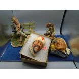 2 Capodimonte figurines Tramp on bench and boy with goat plus Bossons boxed head wall mask and one