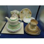 Clarice Cliff china various designs incl 2 striped trio sets, 5 Newport pottery plates, Newport