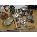 Metalware, a box of various copper brass and plated items