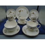 Alfred Meakin pheasants part tea set- 5 cups and saucers, 6 cake plates and a cake serving plates