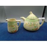 Clarice Cliff milk jug and honeyglaze teapot in the summers end design