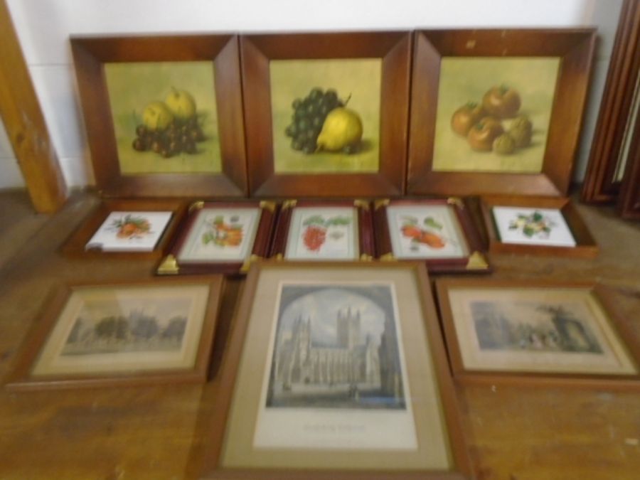 A job lot of framed pictures and prints and a horse picture peg rail