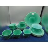 Royal Cauldon art deco green glazed part tea service incls 6 cups and saucer, sugar bowl, 4 side